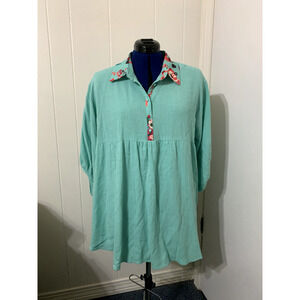 Umgee Mini Dress Large Linen Blend Mint Green Floral Print Baloon Sleeve Boho